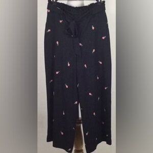 Wide-Leg Black Floral Print Pants with Tie Waist